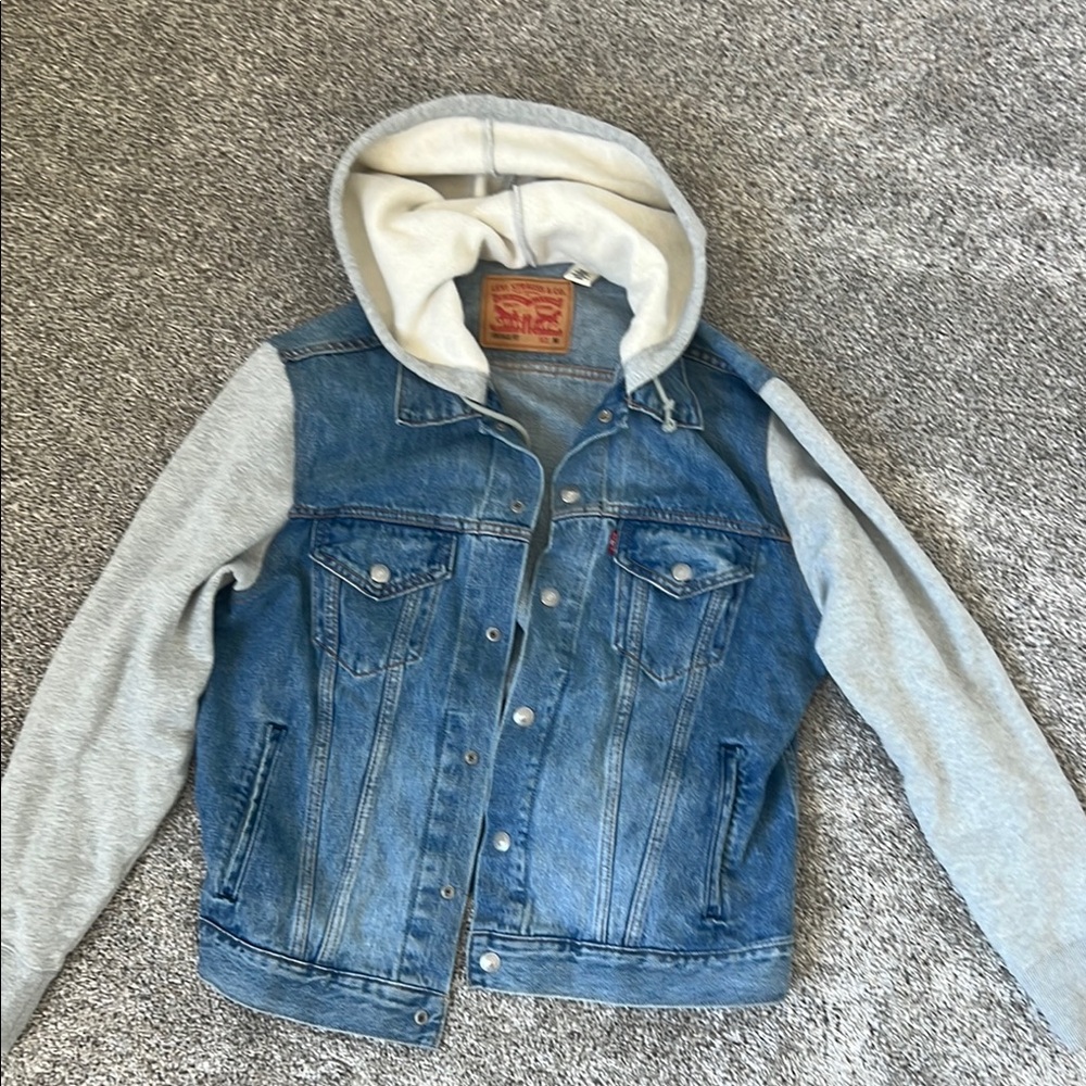 Denim Jacket with Gray Sleeves and Hood